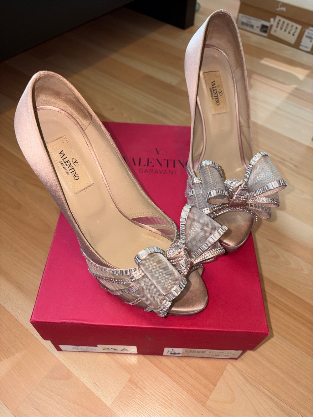 Valentino Garavani Blush Satin Bow Peep-Toe Pumps with Crystal Trim